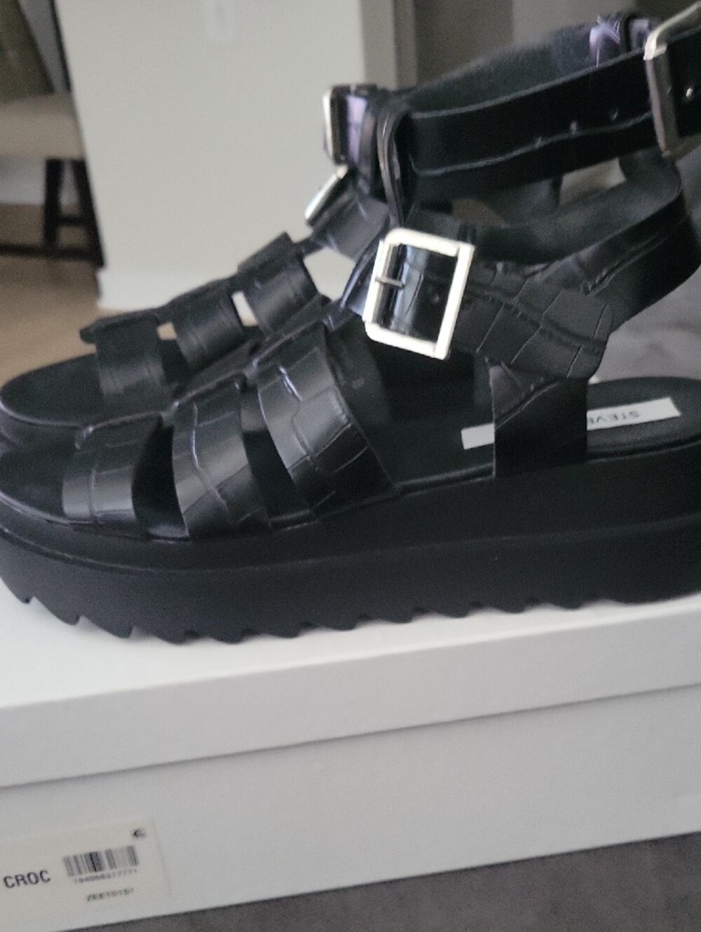 Steve Madden Black Croc-Embossed Strappy Gladiator Sandals - Picture 2 of 6